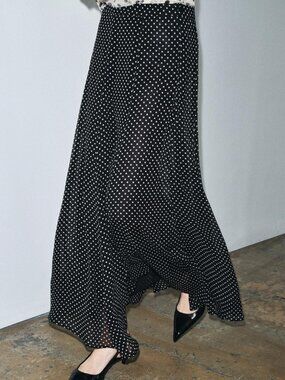 Zara ZW Collection Polka Dot Maxi Skirt Black White A-Line Mid Rise Size S NWT
